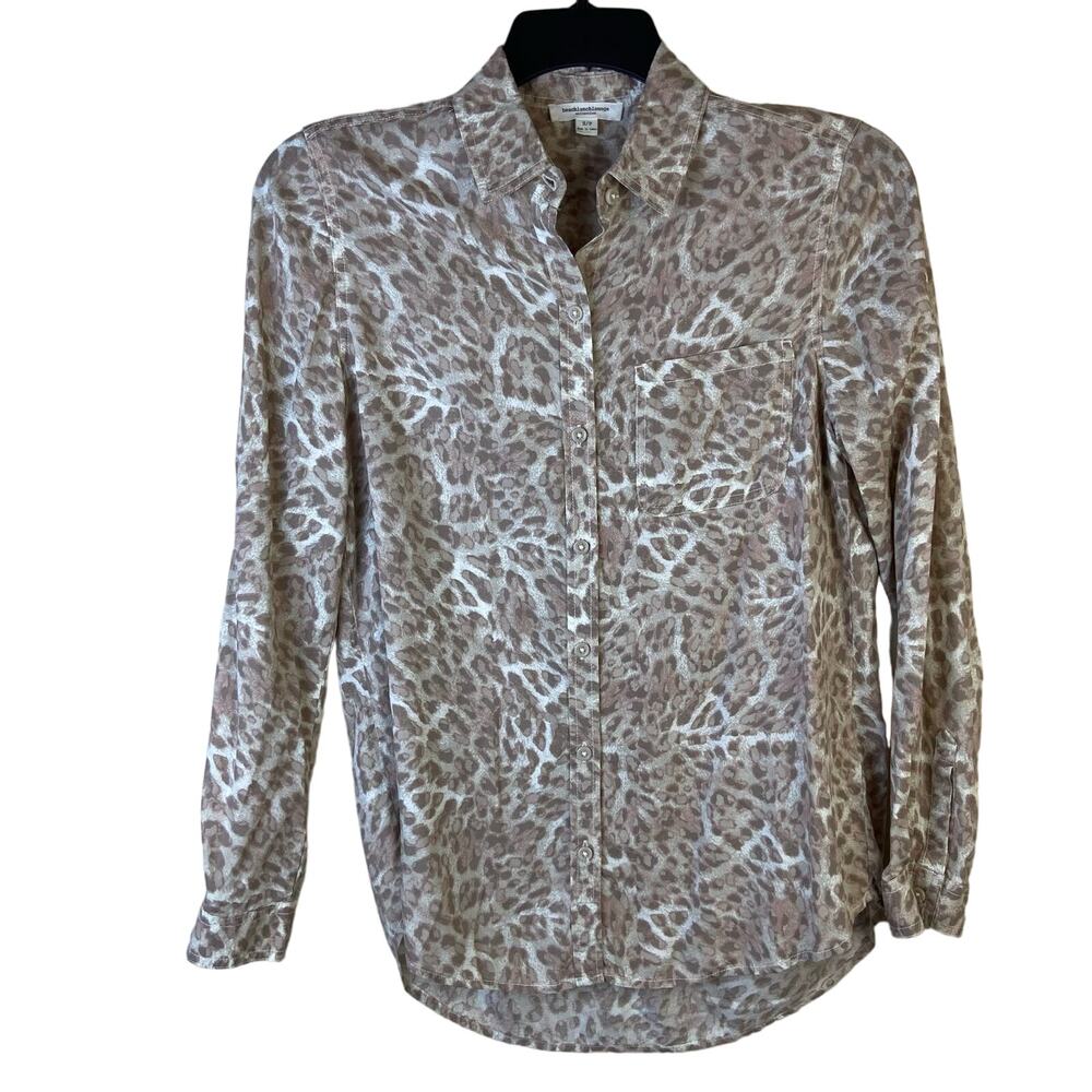 Beach Lunch Lounge Size Small Leopard Print Button‎ Down Shirt Long Sleeve